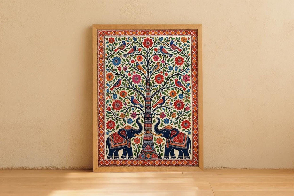 A framed painting depicting a tree with colorful flowers and birds, with two elephants standing beneath it.