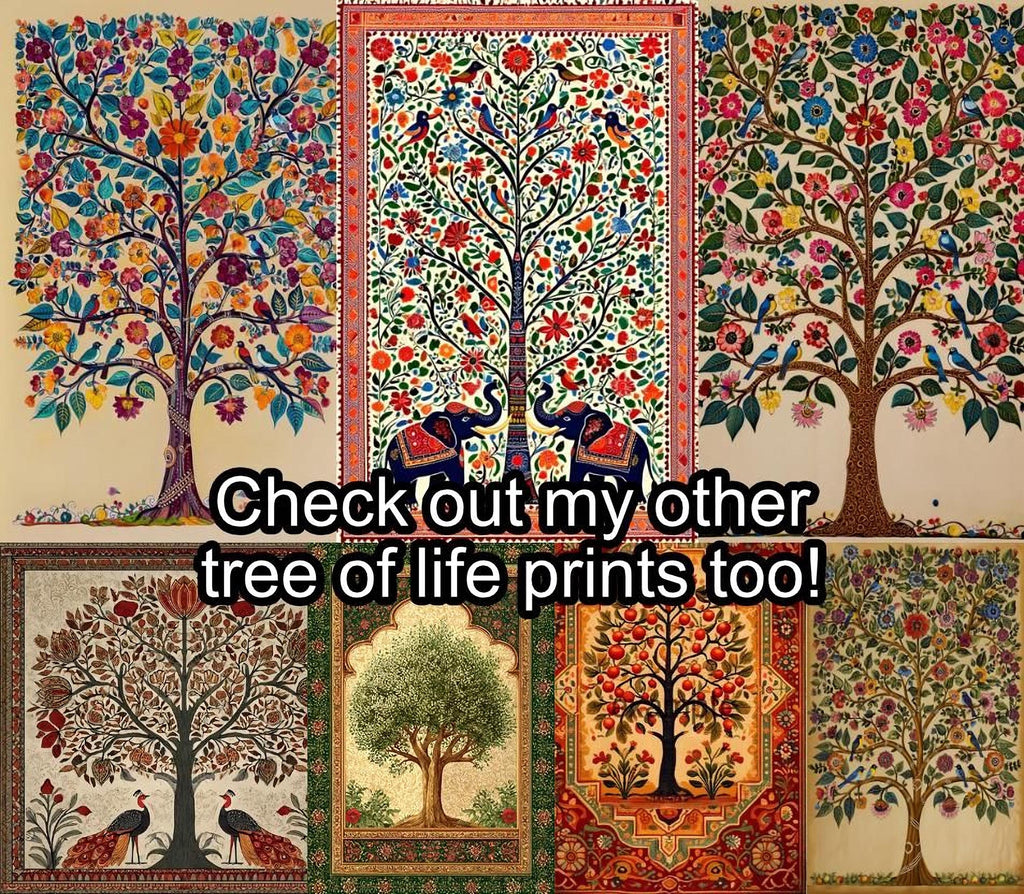 The image is a collage of various colorful and intricate tree designs, including a large tree with a lot of flowers, a smaller tree with a lot of leaves, and other trees with different patterns and designs.