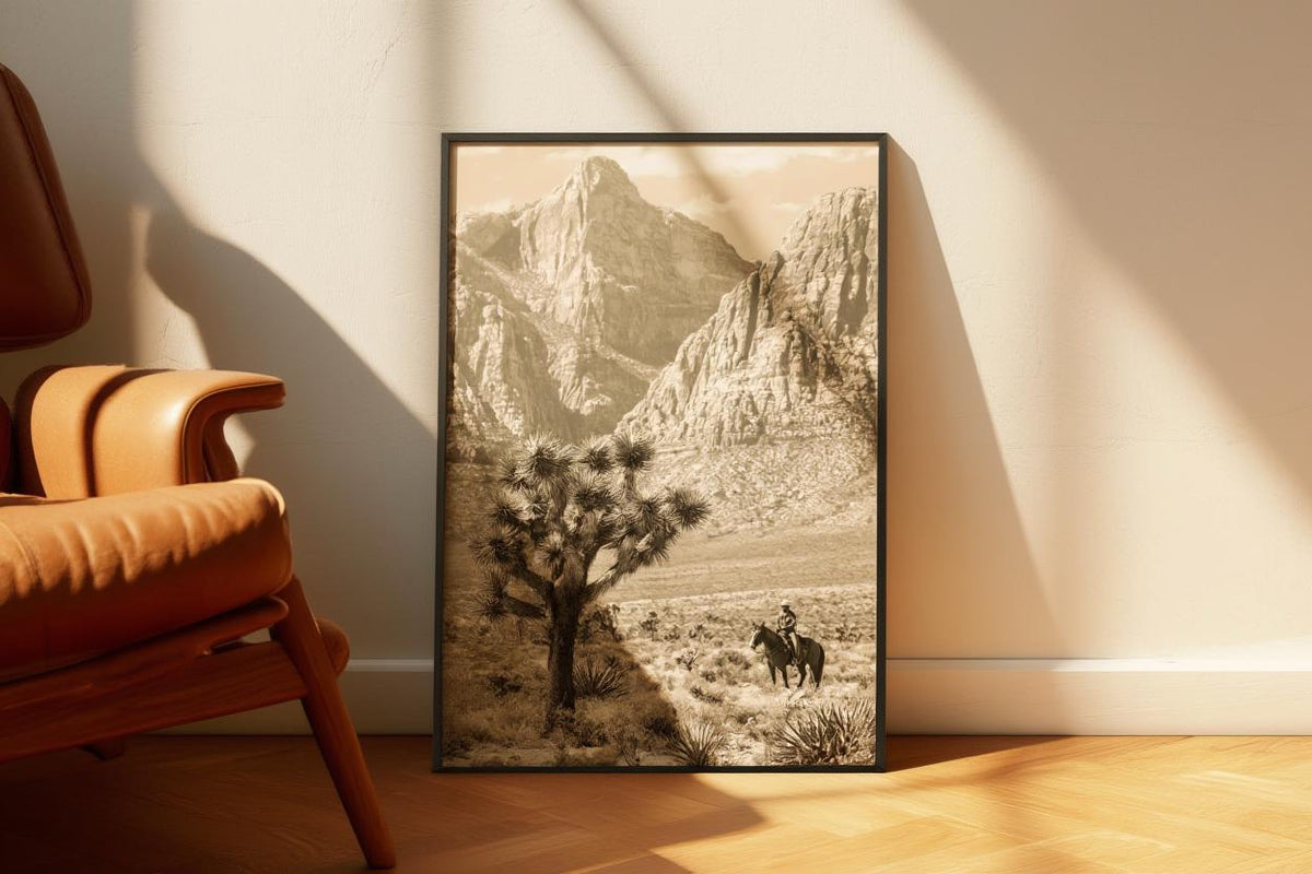 Vintage Joshua Tree Cowboy Print, Antique Western Landscape Poster, Americana Desert Wall Art, Sepia Horseback Rider, Old West Gift, PRINTED