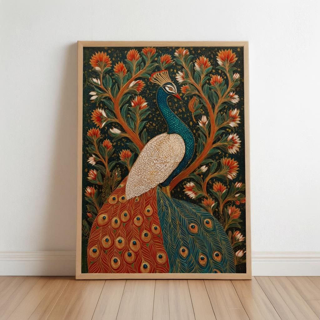 The image is a framed painting depicting a peacock, with its vibrant colors and intricate patterns.