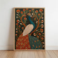 The image is a framed painting depicting a peacock, with its vibrant colors and intricate patterns.
