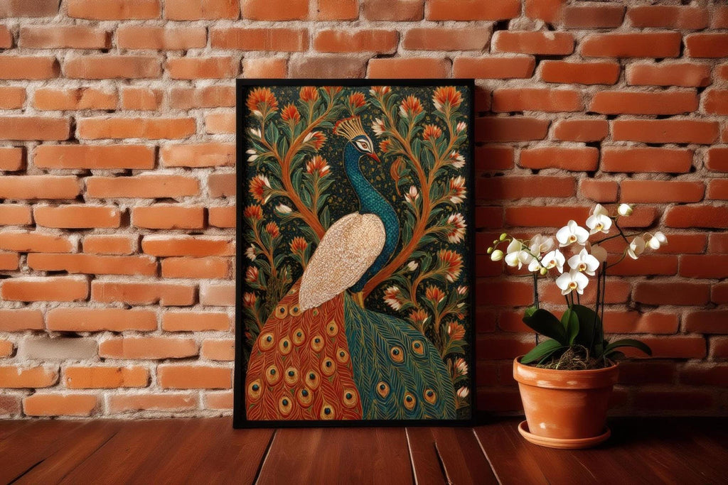 A framed painting of a peacock is displayed on a wooden surface, with a potted orchid plant to the right.