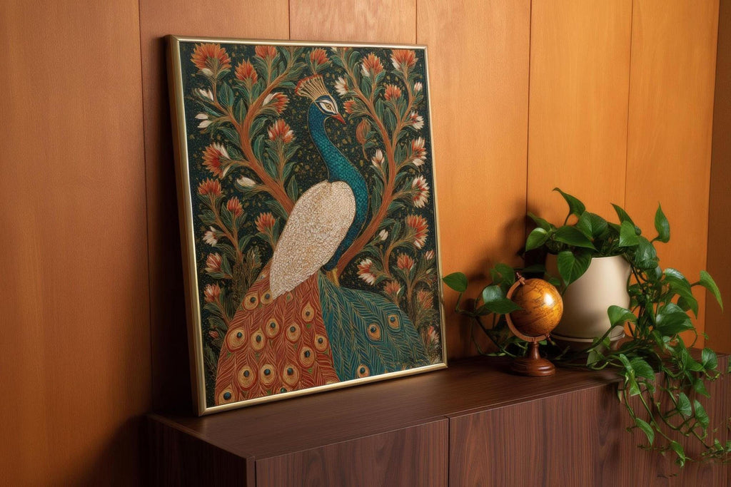 a framed painting of a peacock, a decorative bird with a vibrant green body, orange and white feathers, and a blue head, displayed on a wooden shelf next to a potted plant and a globe.