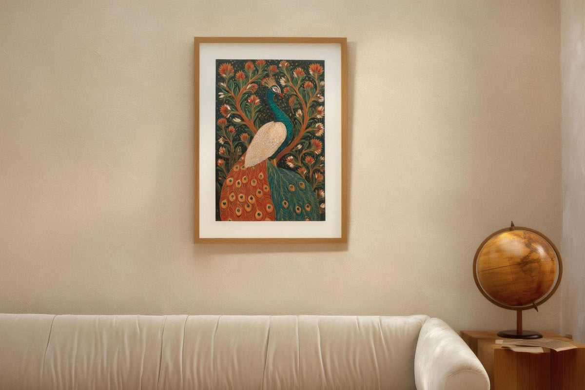 a framed painting of a peacock, hanging on a wall above a white couch.