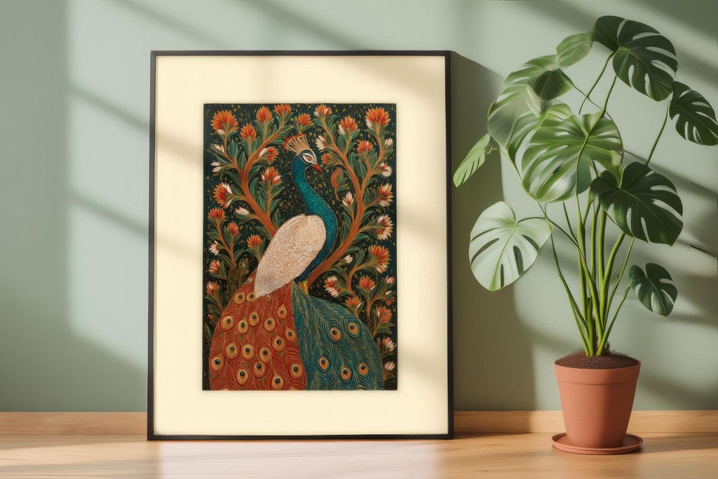 a framed painting of a peacock, with a vibrant and detailed depiction of the bird standing on one leg and displaying its colorful feathers. The painting is set against a green wall, and a potted plant is placed next to it on a wooden surface.