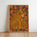 A framed illustration of a mother tiger and her cub, featuring vibrant colors and intricate patterns.