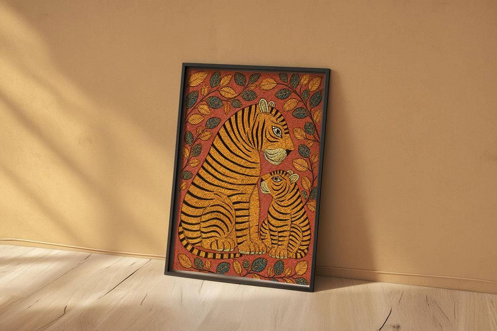 A framed painting depicting two tiger figures, one larger and one smaller, sitting together in a natural setting with leaves and branches.