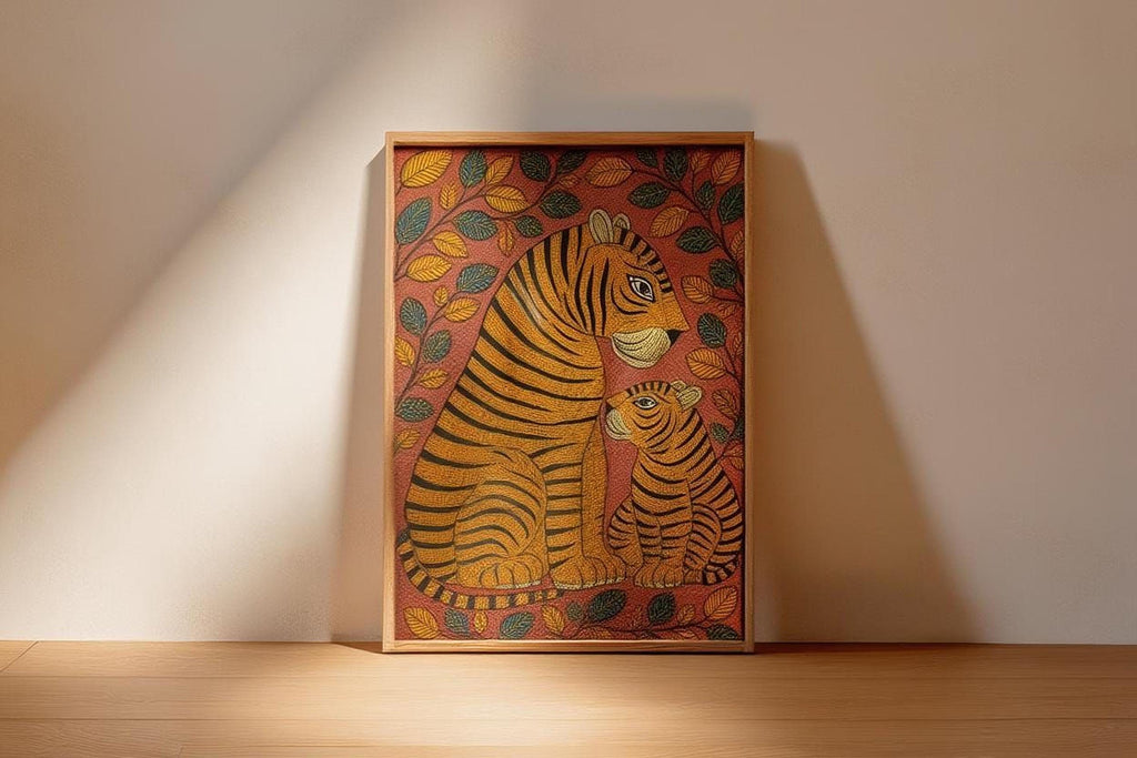 A framed painting of a mother tiger and her cub, with the mother's face prominently displayed against a background of leaves and branches.