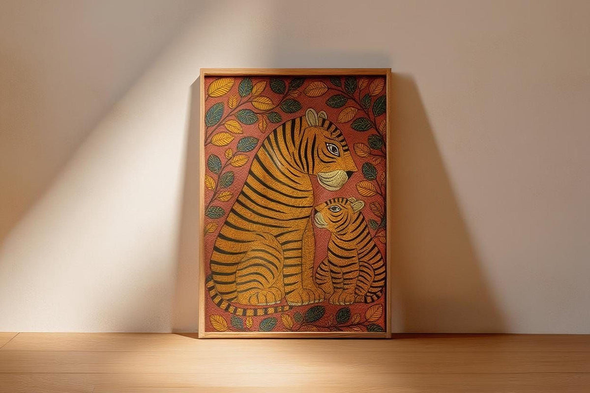 A framed painting of a mother tiger and her cub, with the mother's face prominently displayed against a background of leaves and branches.