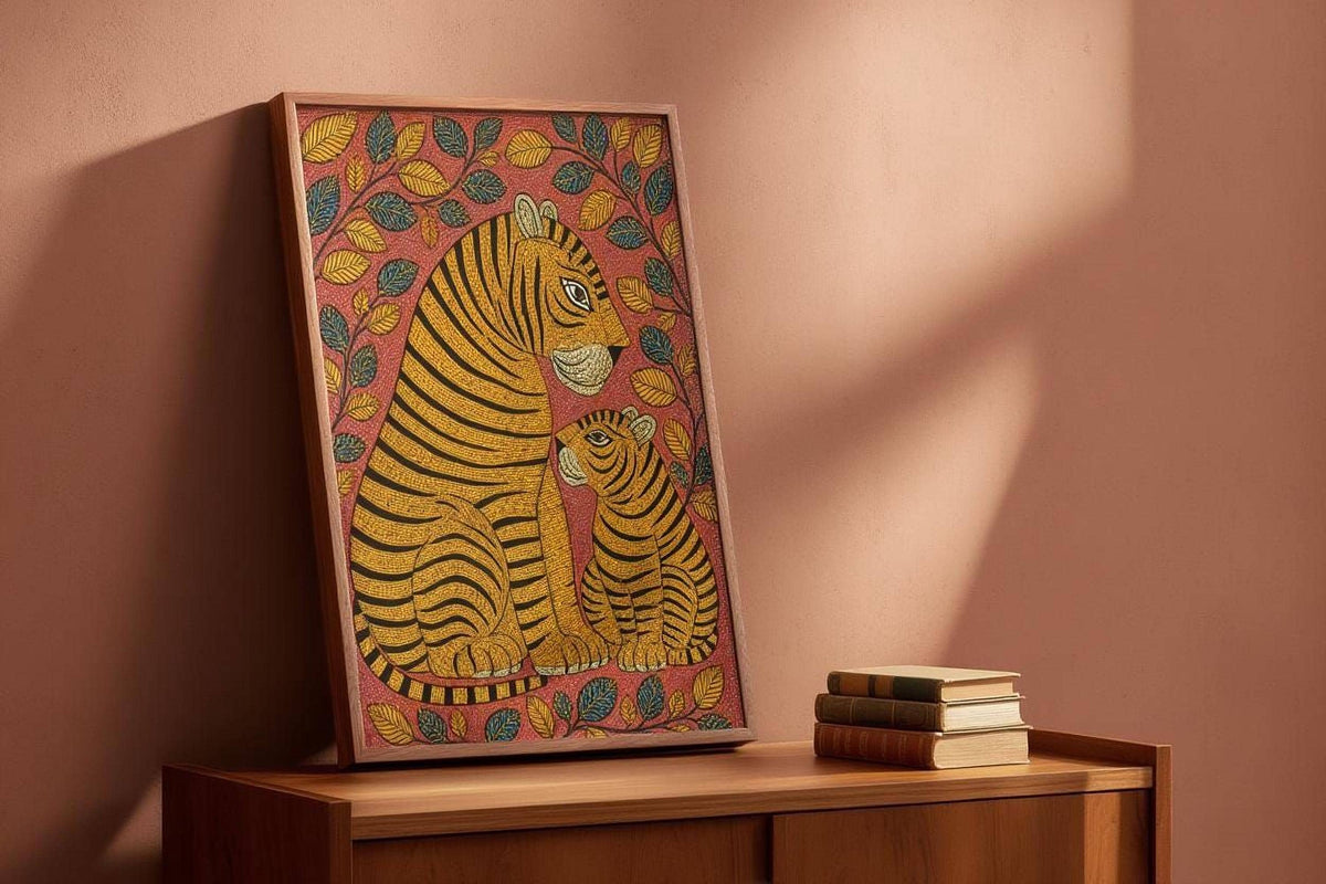 A framed illustration of a tiger and its cub is displayed on a wooden shelf, accompanied by a stack of books.