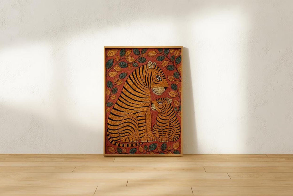 a framed painting of two tiger figures, one larger and one smaller, set against a background of leaves and flowers.