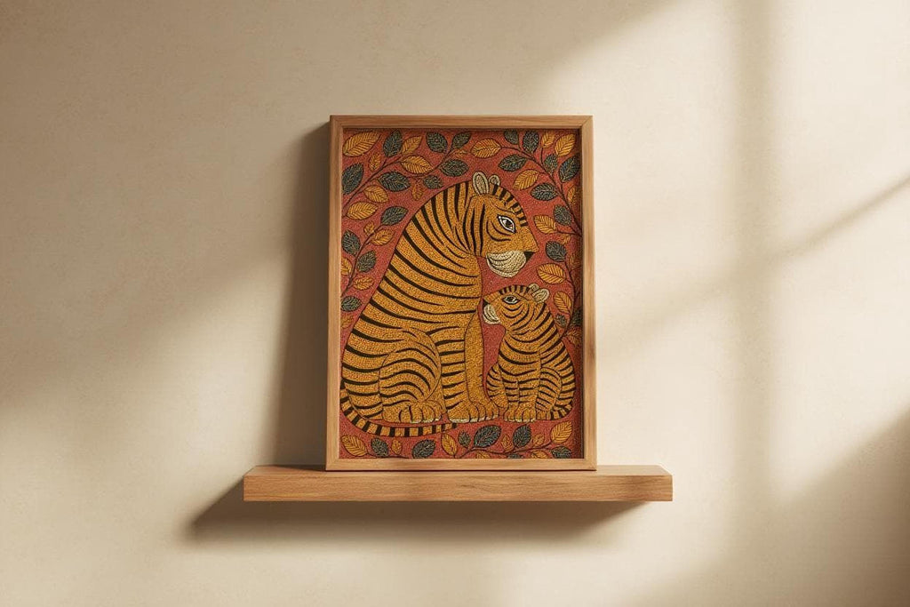 a framed painting of two tiger cubs sitting together on a branch, surrounded by leaves.