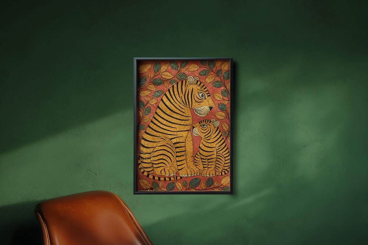 a framed painting of two tiger cubs sitting together on a leafy tree branch, hanging on a green wall.