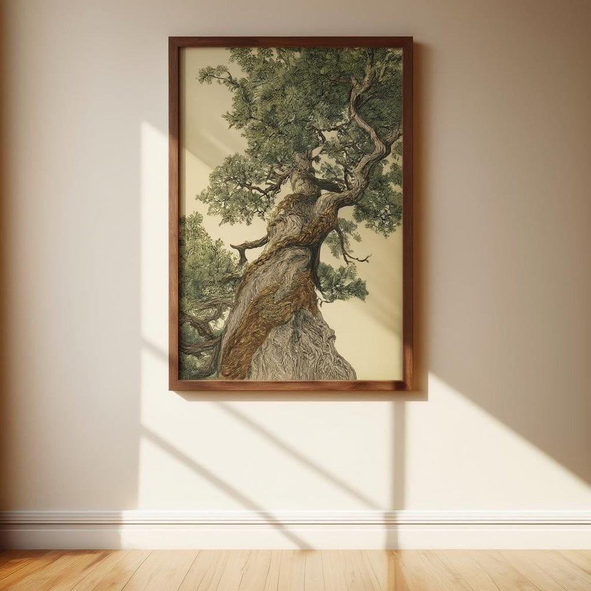 a large, detailed painting of a tree with a twisted, gnarled trunk and lush, green foliage, hanging on a wall in a room with a wooden floor.