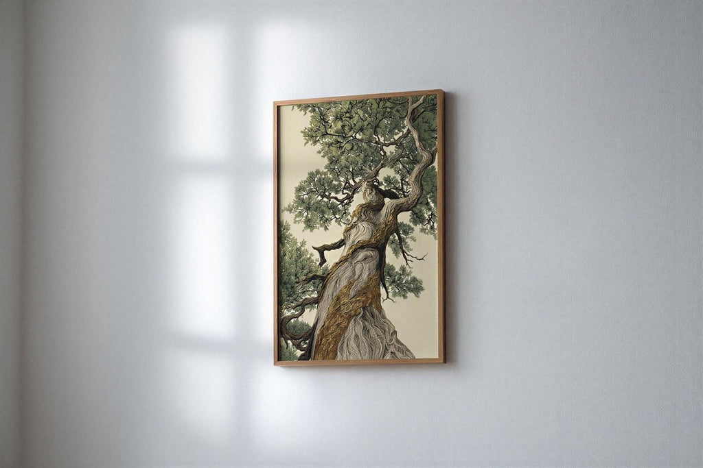a large, old tree with a thick trunk and numerous branches, hanging on a wall.