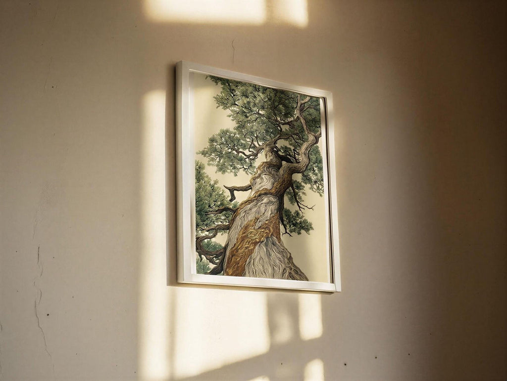 a large, detailed painting of a tree with a thick trunk and numerous branches, hanging on a wall.