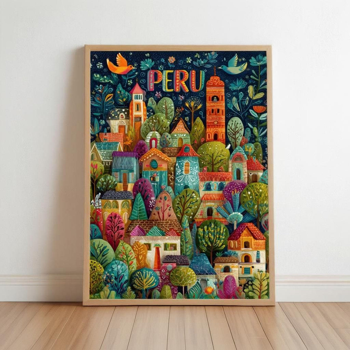The image is a vibrant and colorful illustration of a cityscape in Peru, featuring a variety of buildings, trees, and other elements in a lively and whimsical style.