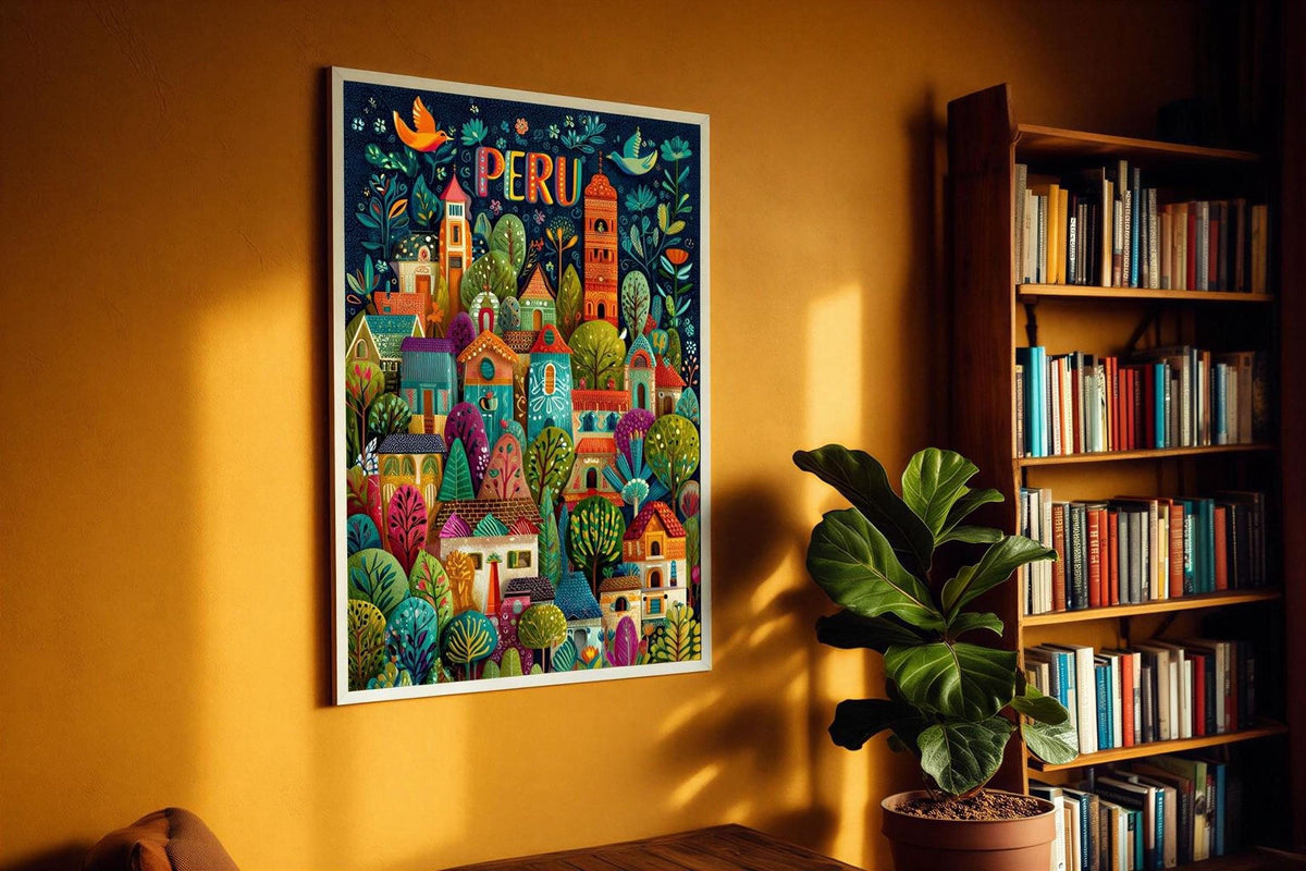 a vibrant poster of a colorful cityscape of Peru, hanging on a wall next to a bookshelf filled with books.