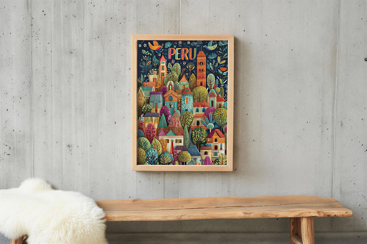 a vibrant, colorful illustration of a cityscape in Peru, hanging on a wall above a wooden bench.