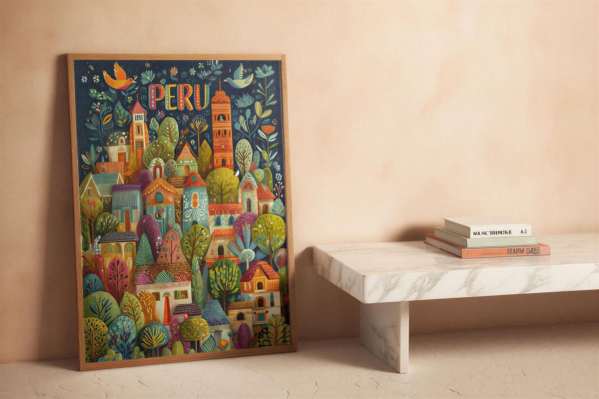 a vibrant and colorful illustration of a cityscape, with various buildings, trees, and other elements depicted in a whimsical and artistic style. The text "PERU" is prominently displayed, indicating the location or theme of the artwork.