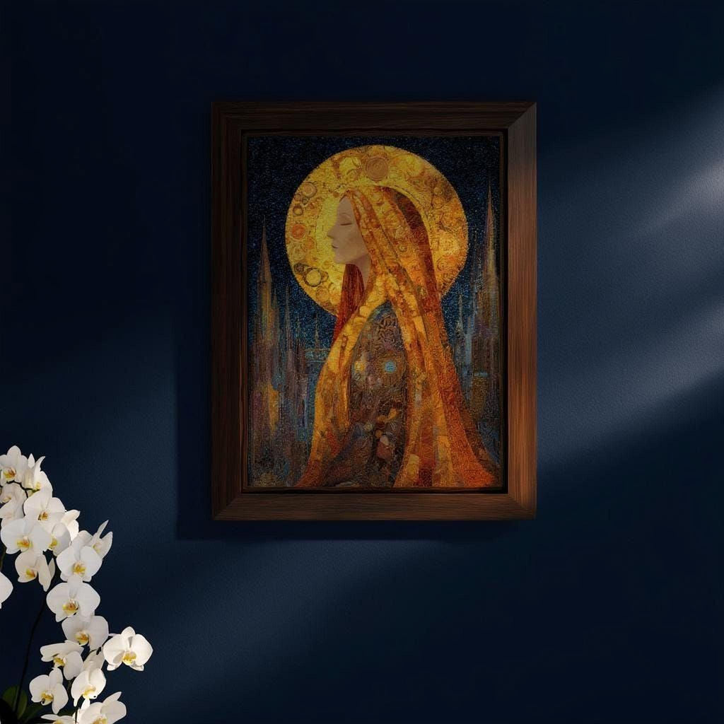 a framed painting of a woman with a golden headdress, set against a dark blue background.