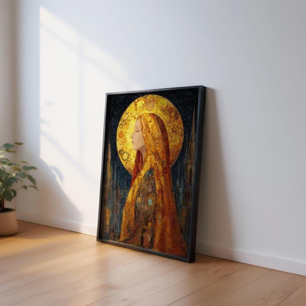 a framed painting of a woman with a golden halo, standing in a room with a wooden floor and a plant in the background.