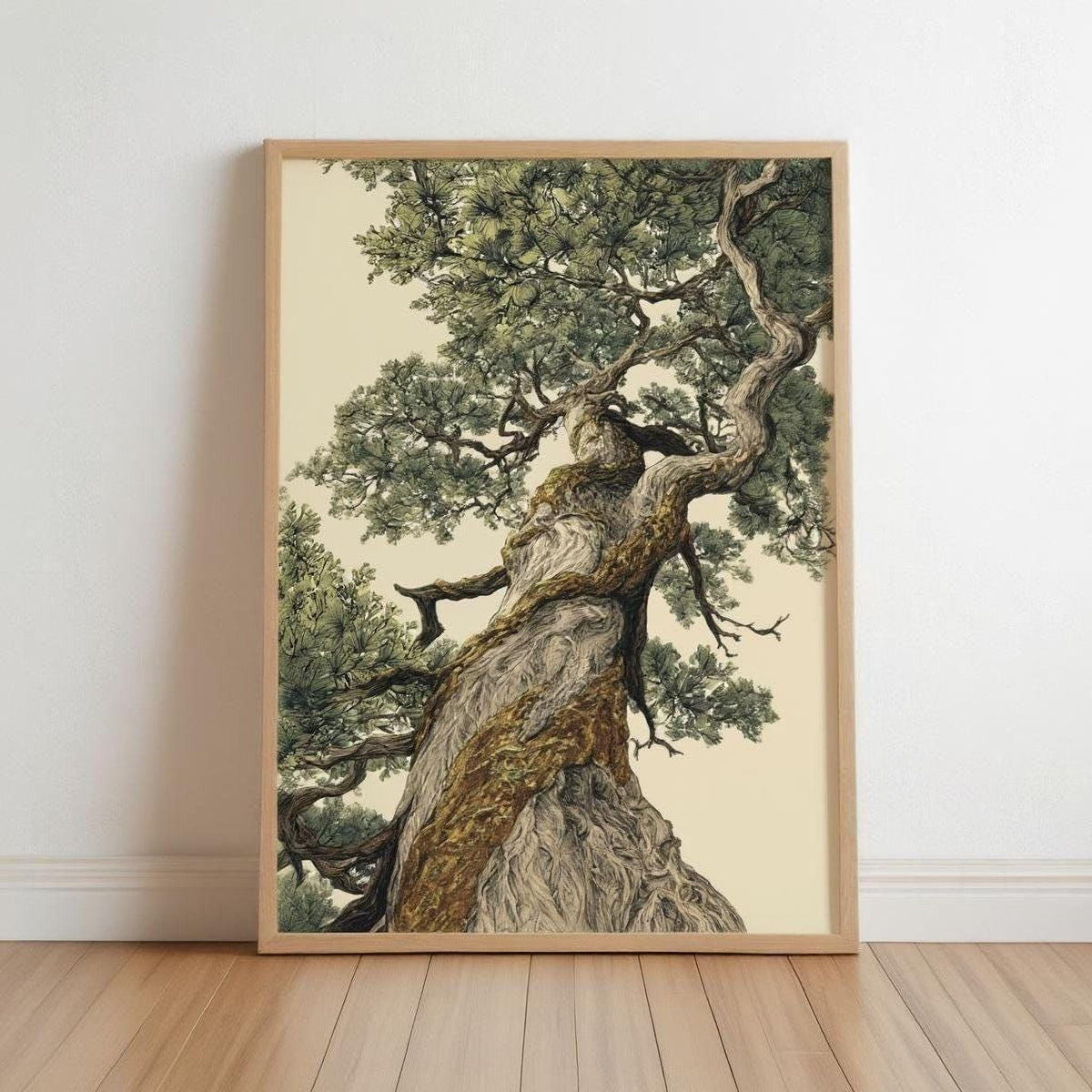 A large, detailed painting of a twisted, gnarled tree trunk with lush, green foliage.