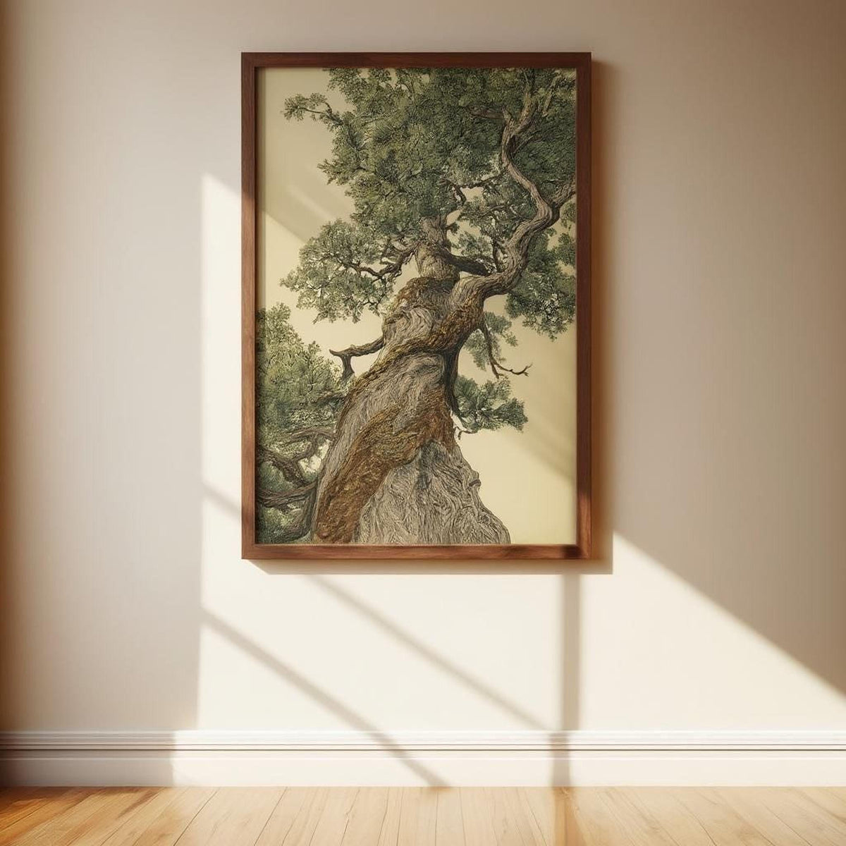 a large, detailed painting of a tree with a twisted, gnarled trunk and lush, green foliage, hanging on a wall in a room with a wooden floor.