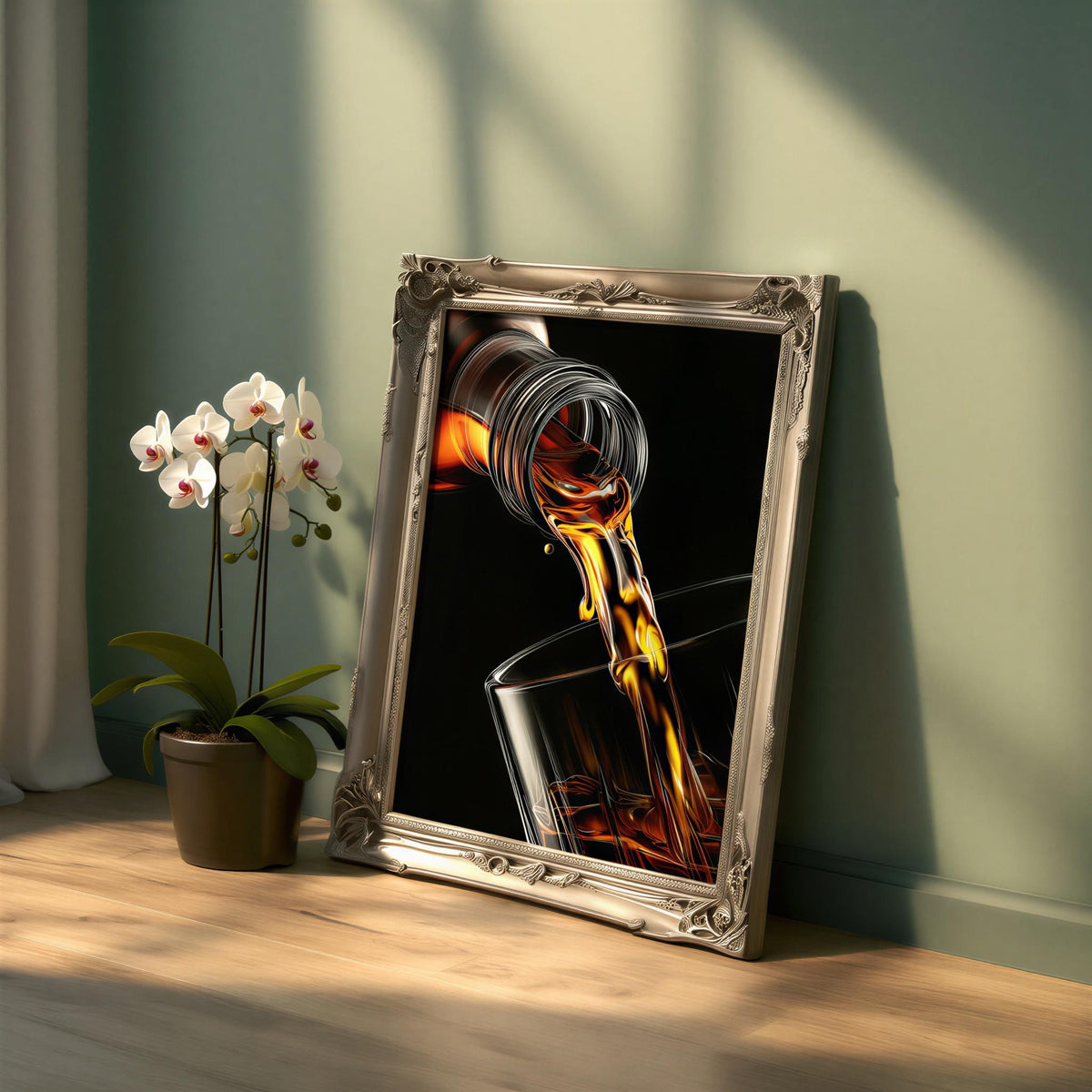 a framed painting of a glass with a bottle pouring liquid into it, set against a green wall.