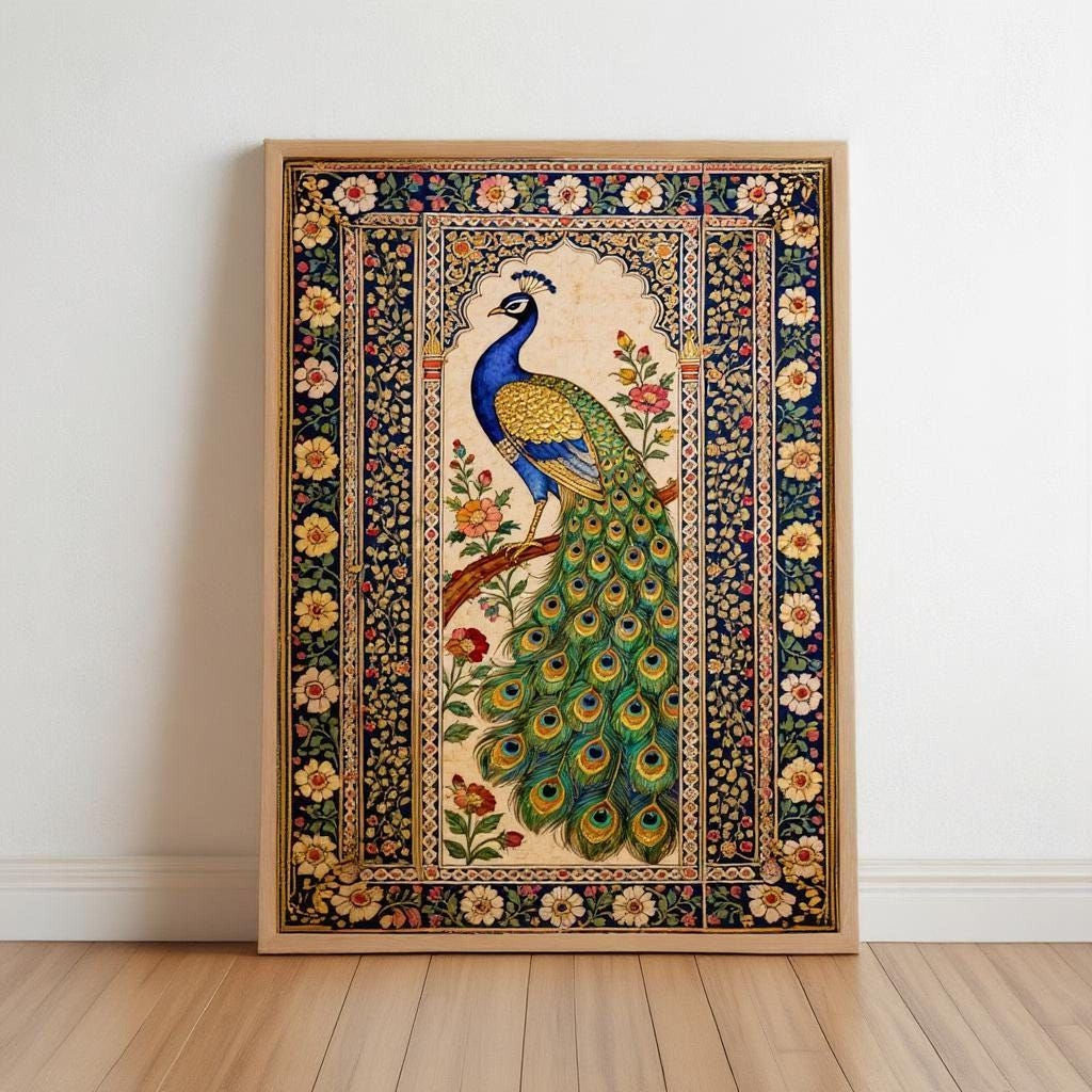 a large, ornate painting of a peacock, with intricate floral and geometric patterns surrounding the bird.