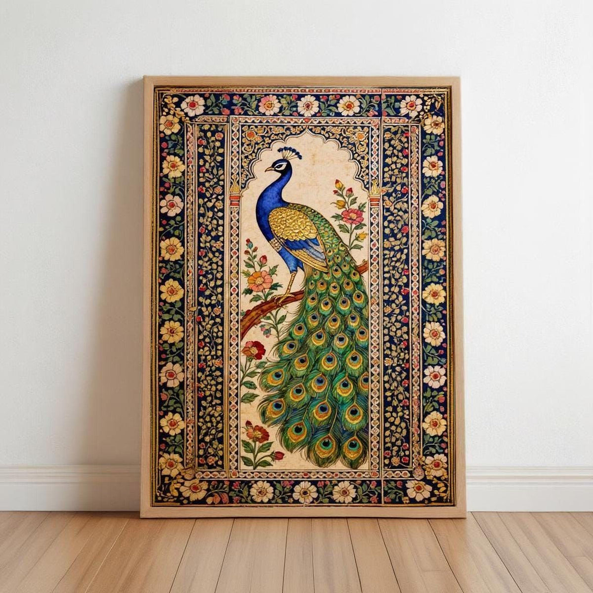 a large, ornate painting of a peacock, with intricate floral and geometric patterns surrounding the bird.