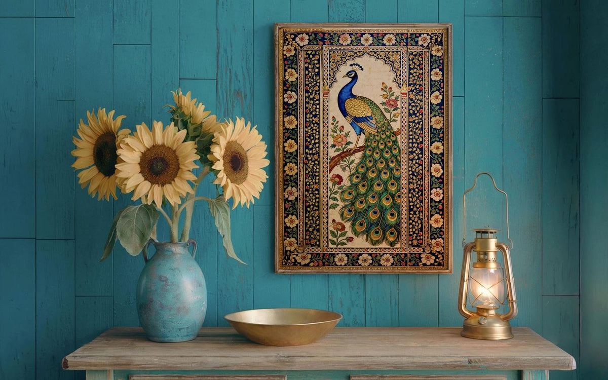 a wooden table with a blue vase holding sunflowers, a gold bowl, and a lantern. Above the table, there is a framed picture of a peacock.