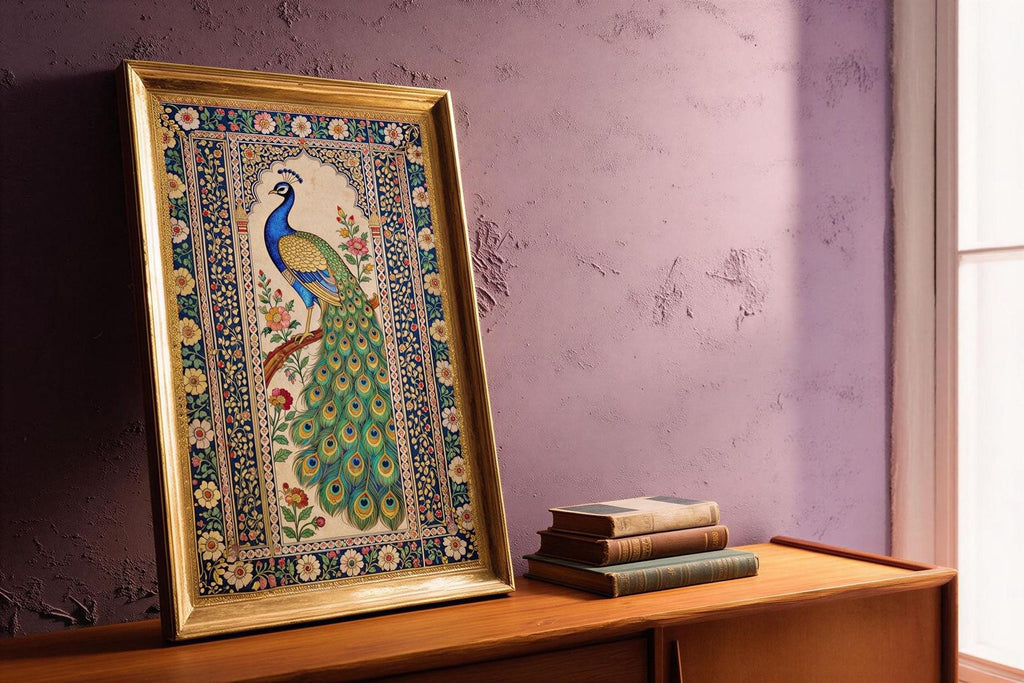 A framed painting of a peacock is displayed on a wooden shelf, accompanied by a stack of books and a window.