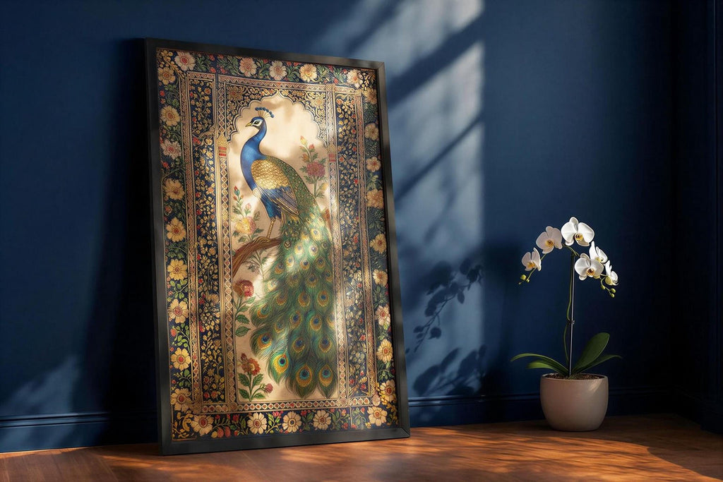 a large framed painting of a peacock, with a blue background and intricate floral designs, placed on a wooden floor next to a potted orchid plant.