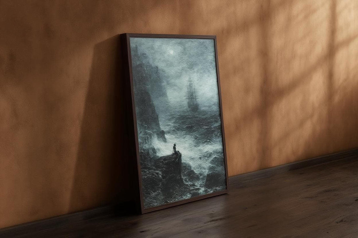 a large, dark-toned painting of a ship on a stormy sea, leaning against a brown wall.
