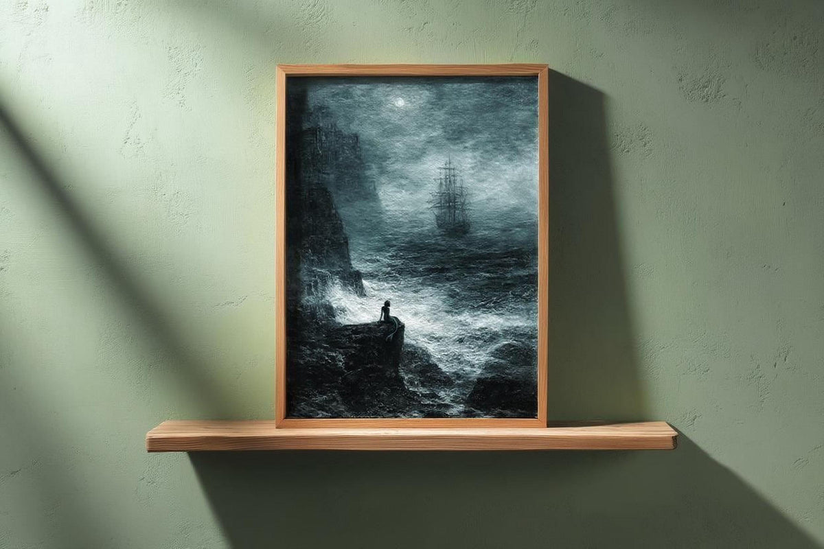 a person standing on a cliff, overlooking a stormy sea with a ship visible in the distance.