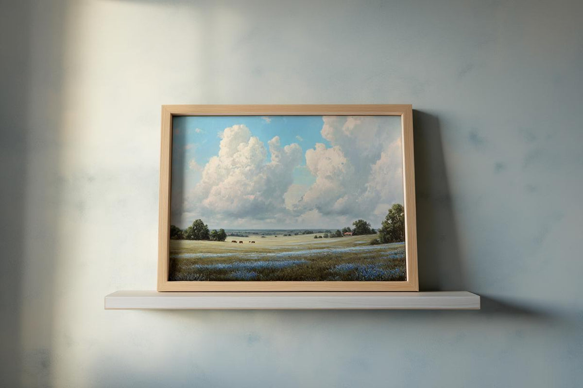 Texas Bluebonnet Landscape, Hill Country Oil Painting, Wildflower Meadow Poster, Pastoral Countryside Print, Rustic Home Decor, Fine Art