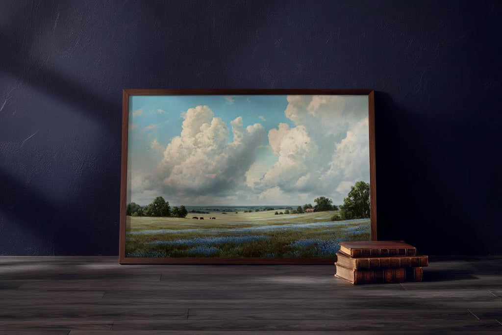 Texas Bluebonnet Landscape, Hill Country Oil Painting, Wildflower Meadow Poster, Pastoral Countryside Print, Rustic Home Decor, Fine Art