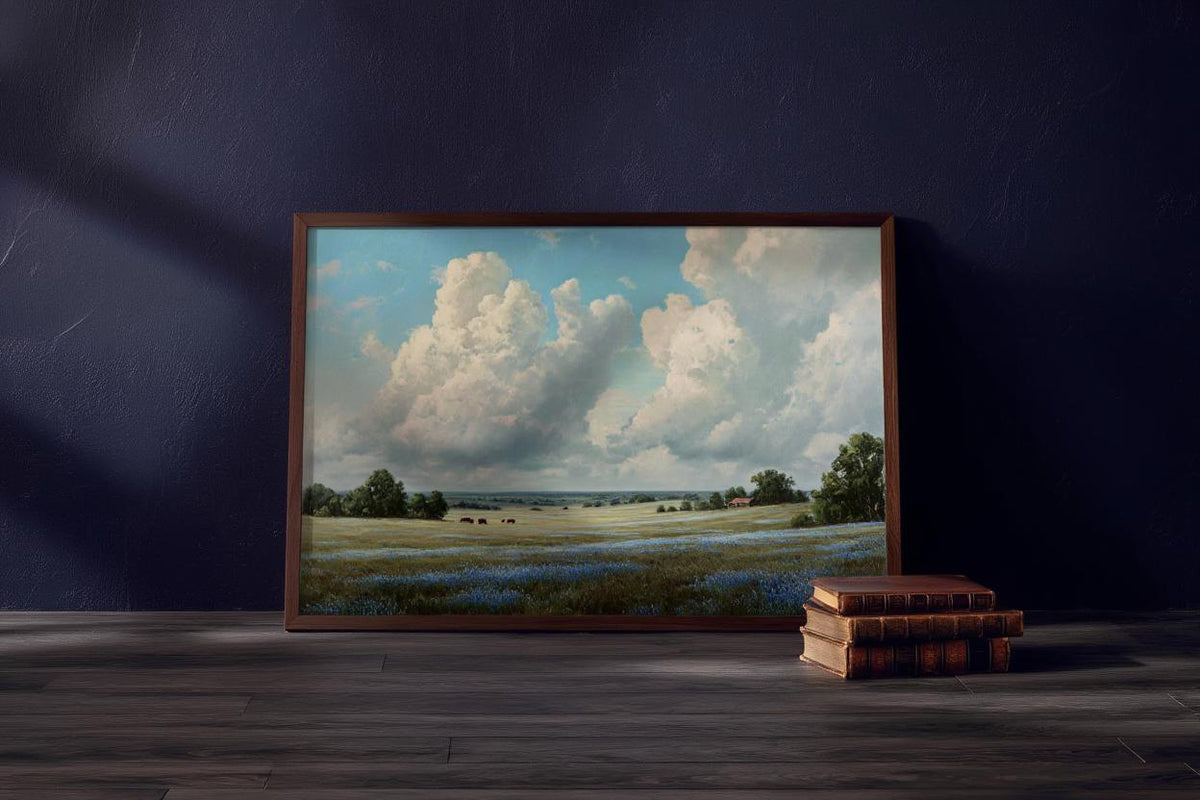 Texas Bluebonnet Landscape, Hill Country Oil Painting, Wildflower Meadow Poster, Pastoral Countryside Print, Rustic Home Decor, Fine Art