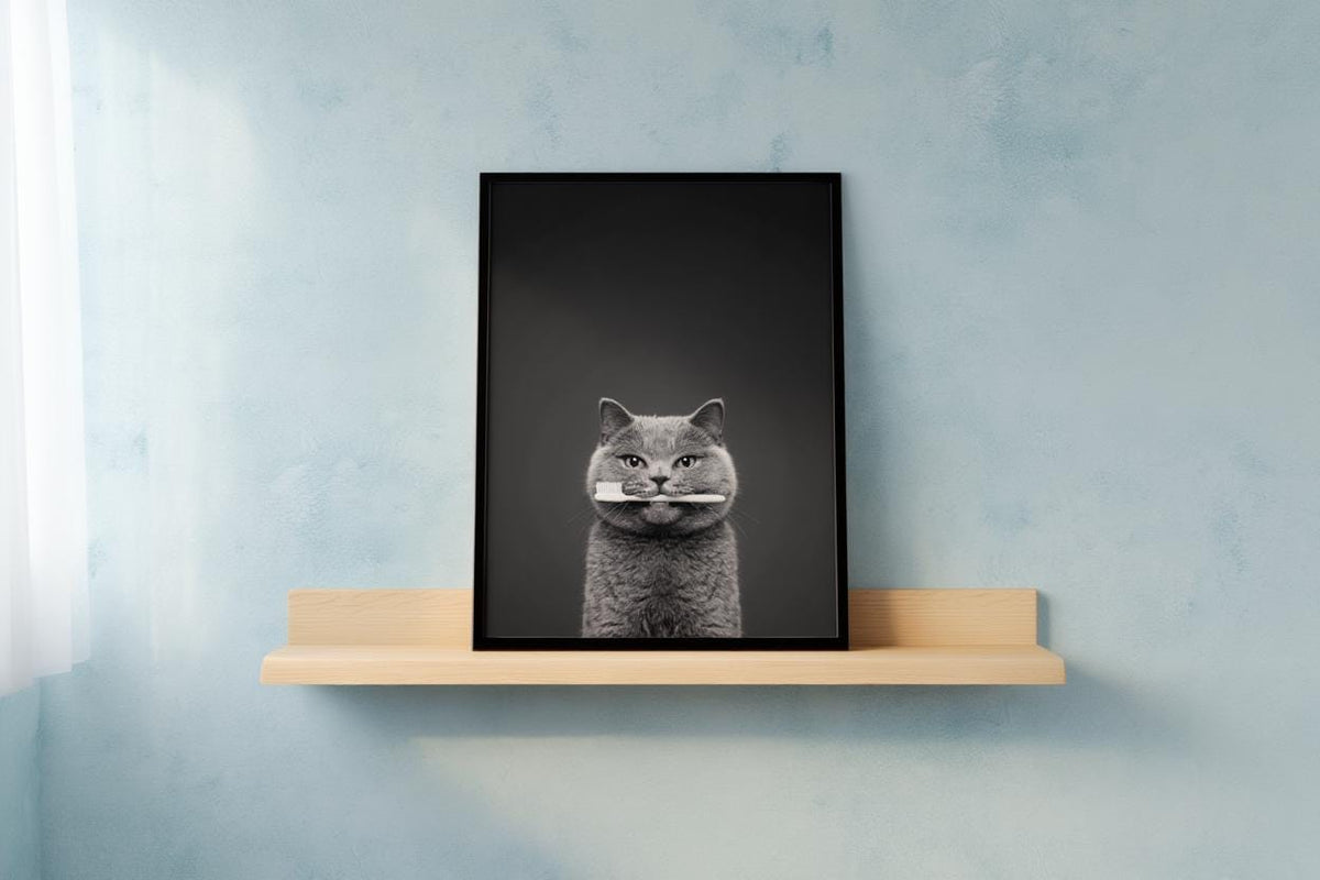 Quirky Dentist Cat with Toothbrush, Whimsical Pet Bathroom Print, Minimalist Dental Office Decor, Funny British Shorthair Cat Lover Gift