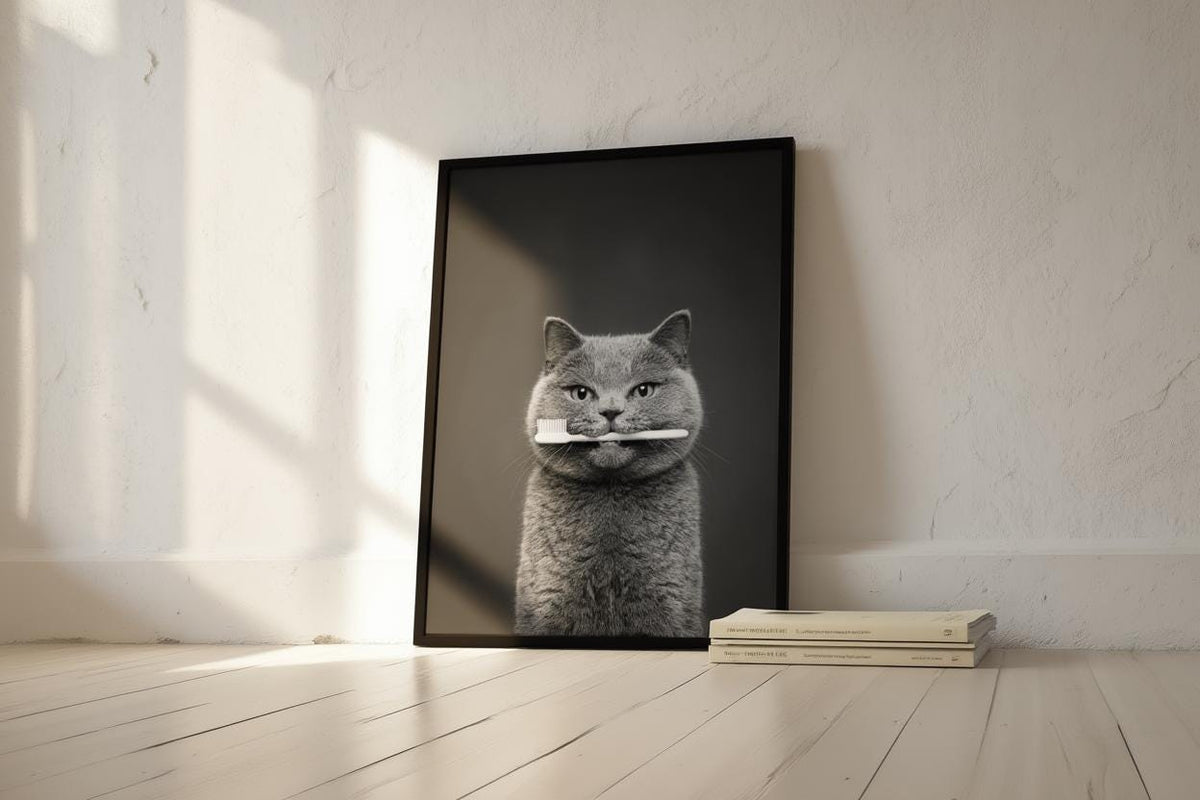 Quirky Dentist Cat with Toothbrush, Whimsical Pet Bathroom Print, Minimalist Dental Office Decor, Funny British Shorthair Cat Lover Gift