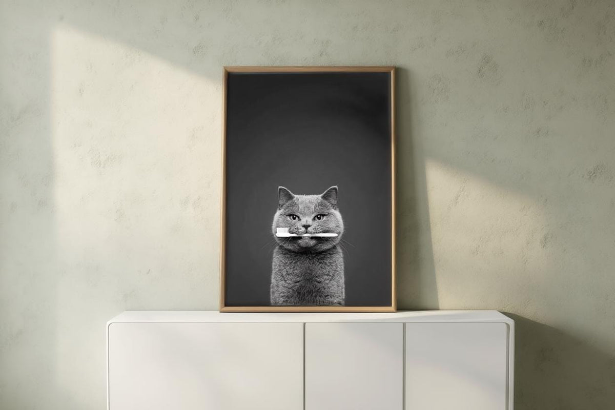 Quirky Dentist Cat with Toothbrush, Whimsical Pet Bathroom Print, Minimalist Dental Office Decor, Funny British Shorthair Cat Lover Gift