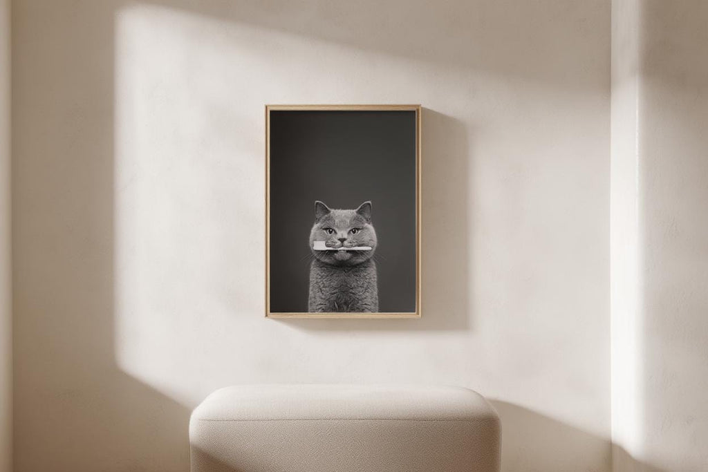 Quirky Dentist Cat with Toothbrush, Whimsical Pet Bathroom Print, Minimalist Dental Office Decor, Funny British Shorthair Cat Lover Gift