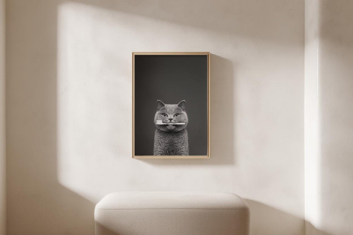 Quirky Dentist Cat with Toothbrush, Whimsical Pet Bathroom Print, Minimalist Dental Office Decor, Funny British Shorthair Cat Lover Gift