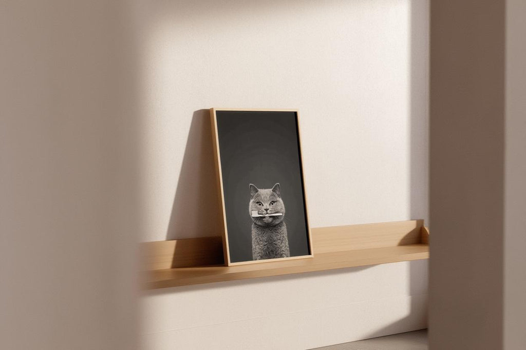 Quirky Dentist Cat with Toothbrush, Whimsical Pet Bathroom Print, Minimalist Dental Office Decor, Funny British Shorthair Cat Lover Gift