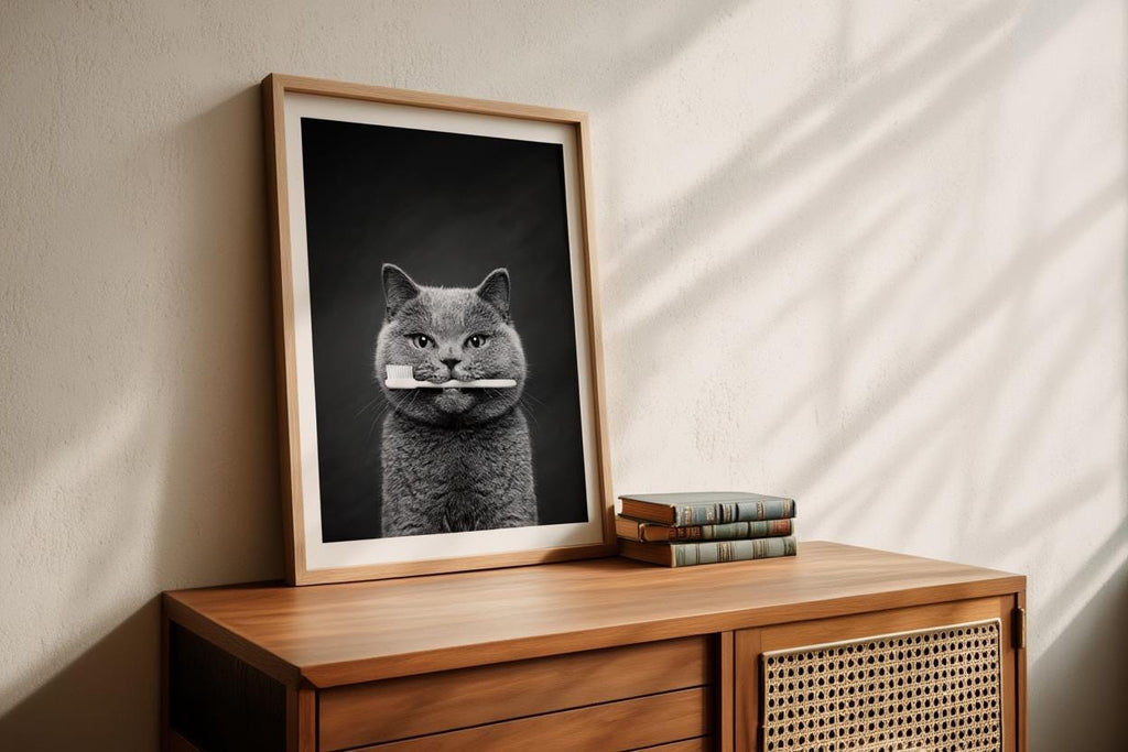 Quirky Dentist Cat with Toothbrush, Whimsical Pet Bathroom Print, Minimalist Dental Office Decor, Funny British Shorthair Cat Lover Gift