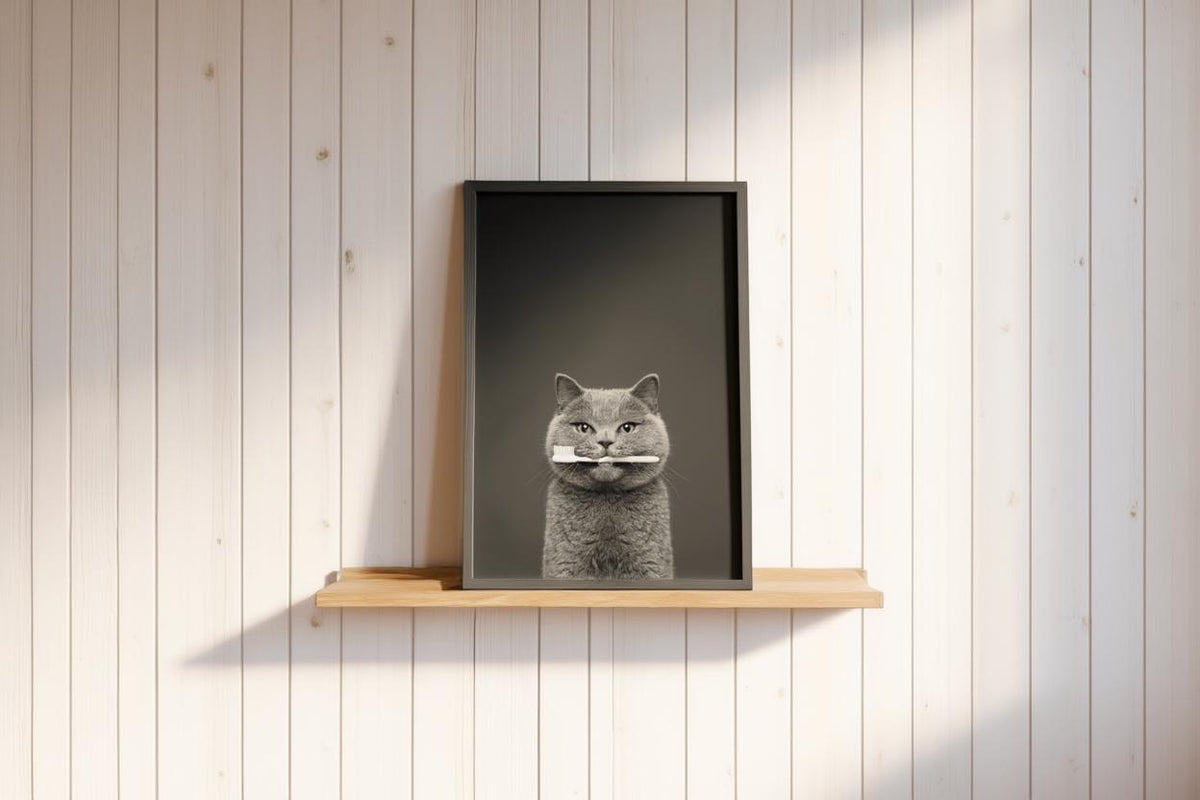 Quirky Dentist Cat with Toothbrush, Whimsical Pet Bathroom Print, Minimalist Dental Office Decor, Funny British Shorthair Cat Lover Gift