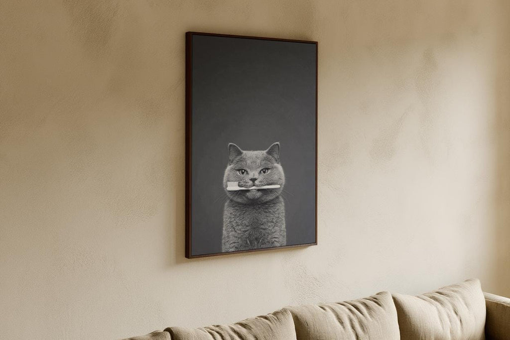 Quirky Dentist Cat with Toothbrush, Whimsical Pet Bathroom Print, Minimalist Dental Office Decor, Funny British Shorthair Cat Lover Gift