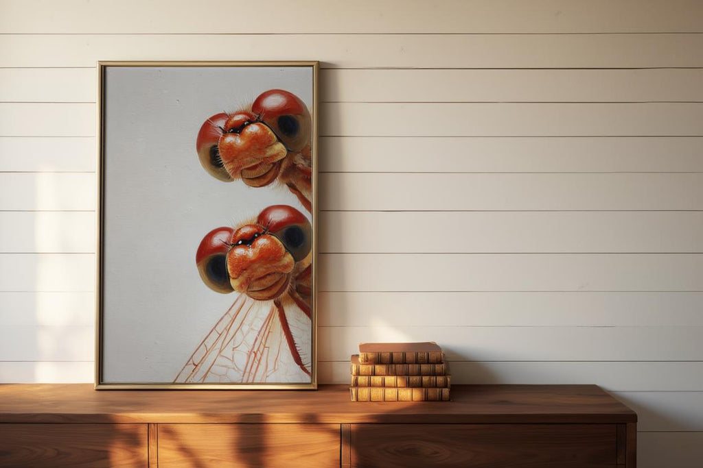 Red Dragonflies Poster, Whimsical Insect Wall Art, Quirky Peeking Animals Print, Woodland Bugs Nursery Decor, Funny Dragonfly Painting