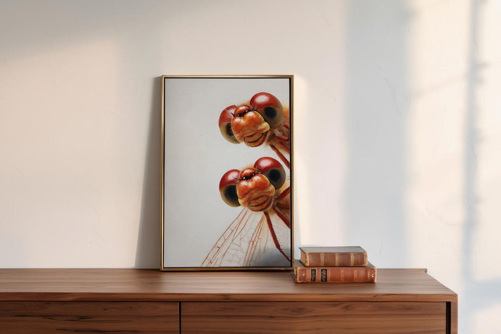 Red Dragonflies Poster, Whimsical Insect Wall Art, Quirky Peeking Animals Print, Woodland Bugs Nursery Decor, Funny Dragonfly Painting